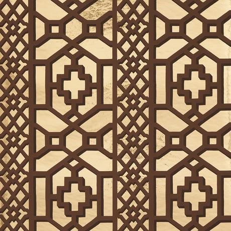 Zanzibar Trellis Mylar wallpaper in gold mylar, a glamorous geometric fretwork pattern by Schumacher.