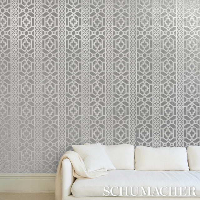 Zanzibar Trellis Mylar Silver Mylar Wallpaper – Schumacher 5013641