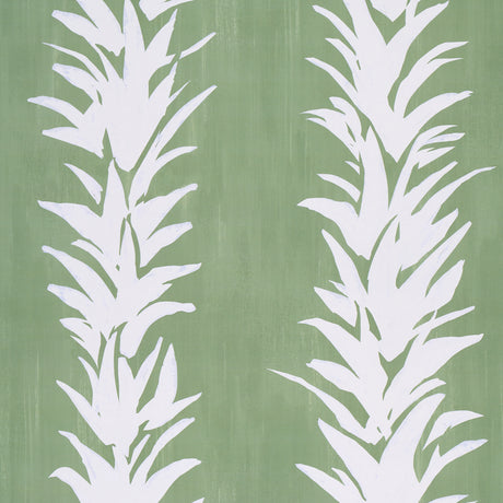 White Lotus wallpaper in soft green by Schumacher, featuring painterly abstracted lotus forms in white on a green background.