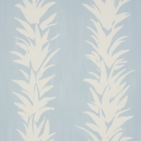 White Lotus wallpaper in soft blue by Backdrop for Schumacher, featuring abstracted lotus forms in a painterly, modern botanical design.