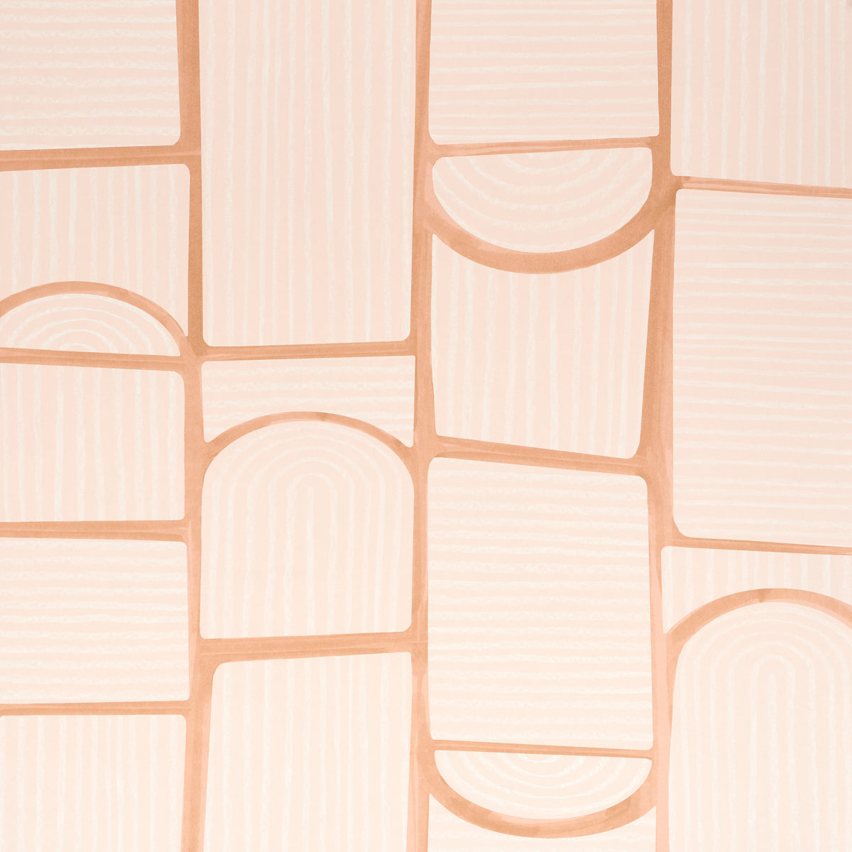 Bloomsbury wallpaper in light pink by Schumacher, featuring a playful geometric collage of arches and rectangles with tonal stripes.