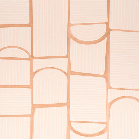 Bloomsbury wallpaper in light pink by Schumacher, featuring a playful geometric collage of arches and rectangles with tonal stripes.