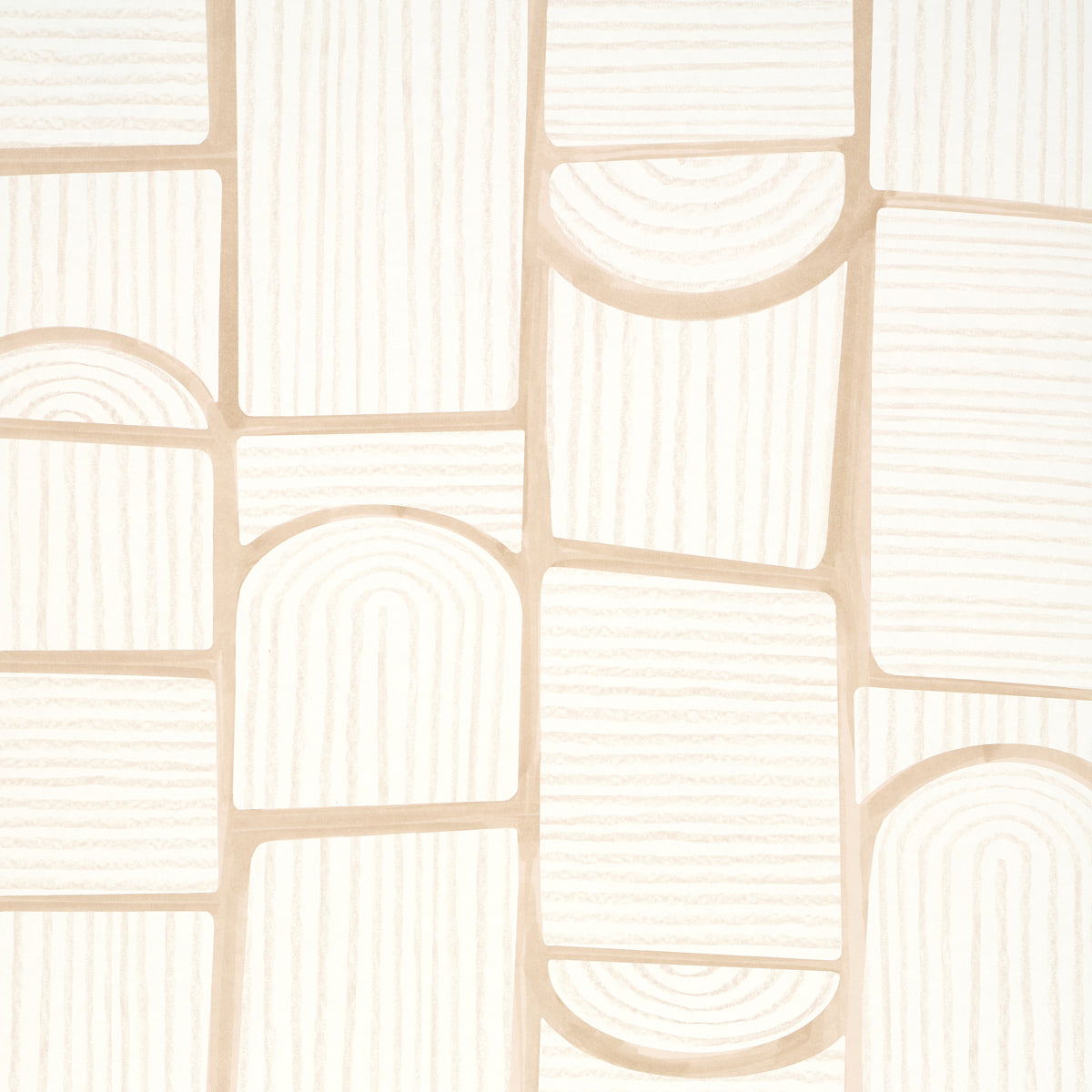 Bloomsbury wallpaper in warm white by Backdrop for Schumacher, featuring a playful geometric collage of arches and rectangles with tonal stripes.