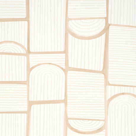 Bloomsbury wallpaper in warm white by Backdrop for Schumacher, featuring a playful geometric collage of arches and rectangles with tonal stripes.