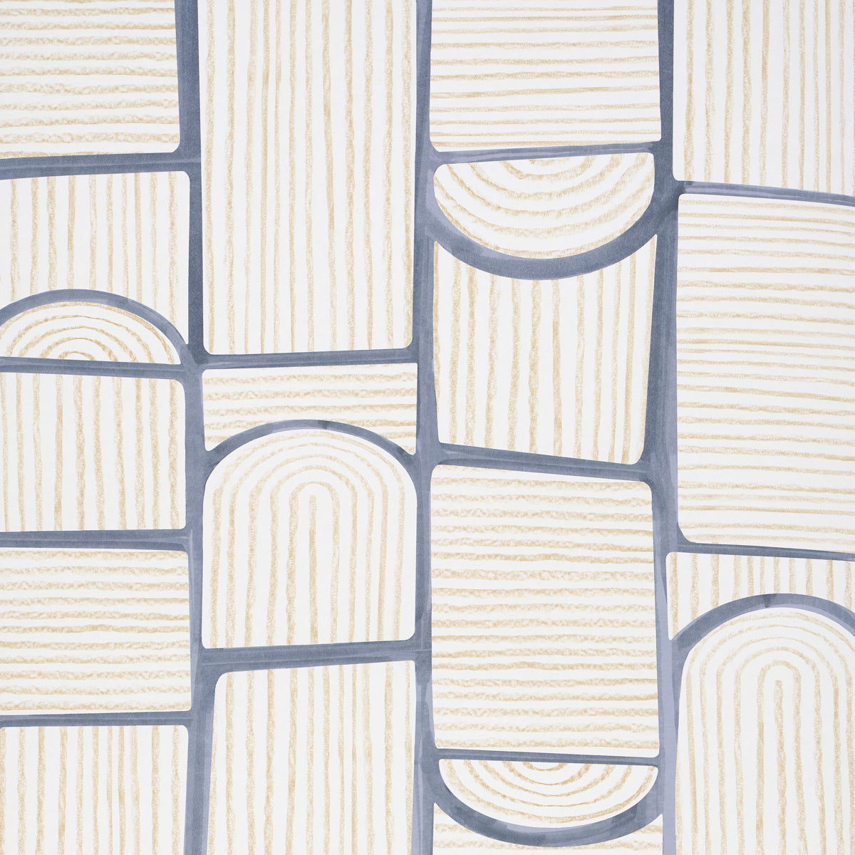 Bloomsbury Slate geometric wallpaper by Backdrop for Schumacher, featuring multidirectional arches and rectangles in soft neutral tones.