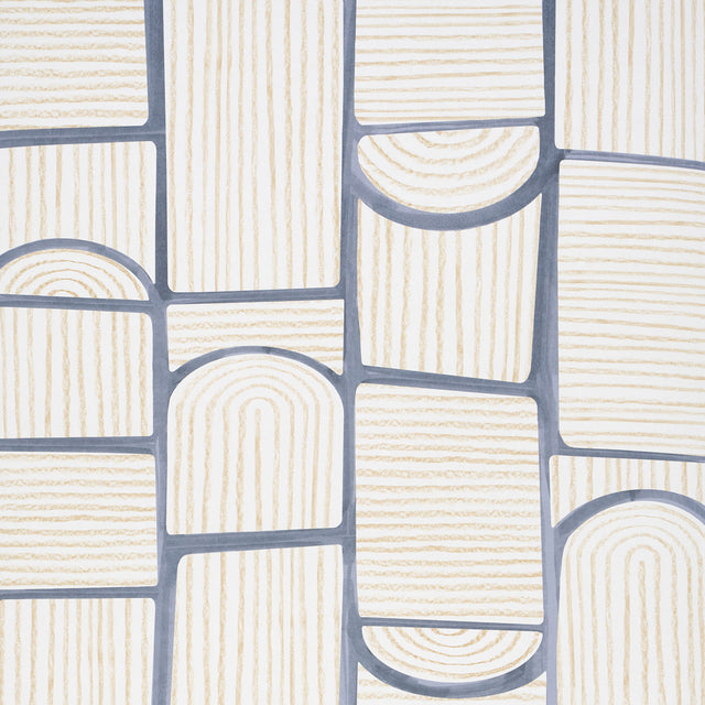 Bloomsbury Slate geometric wallpaper by Backdrop for Schumacher, featuring multidirectional arches and rectangles in soft neutral tones.