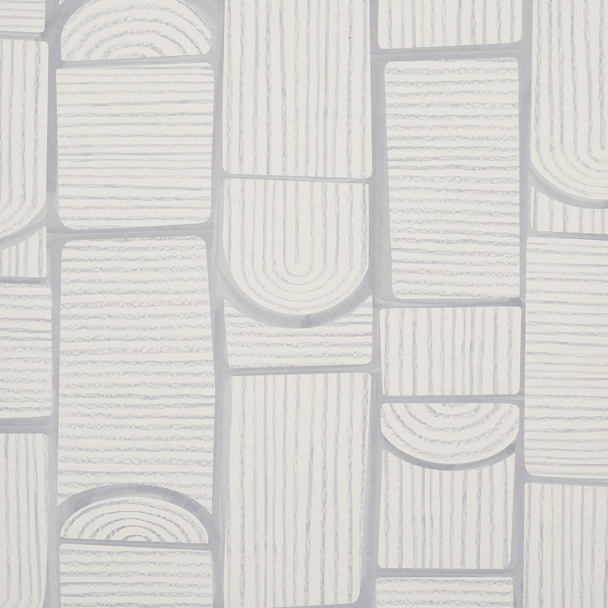 Bloomsbury wallpaper in cool gray by Backdrop for Schumacher, featuring a multidirectional geometric collage of arches and rectangles.