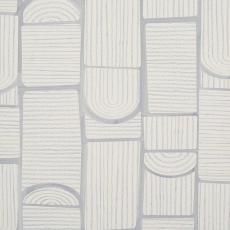 Bloomsbury wallpaper in cool gray by Backdrop for Schumacher, featuring a multidirectional geometric collage of arches and rectangles.
