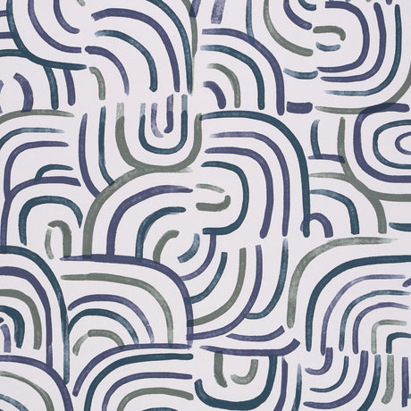 New Beat wallpaper in blue and green by Backdrop for Schumacher, featuring painterly concentric arches in a multidirectional design.
