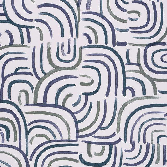 New Beat wallpaper in blue and green by Backdrop for Schumacher, featuring painterly concentric arches in a multidirectional design.