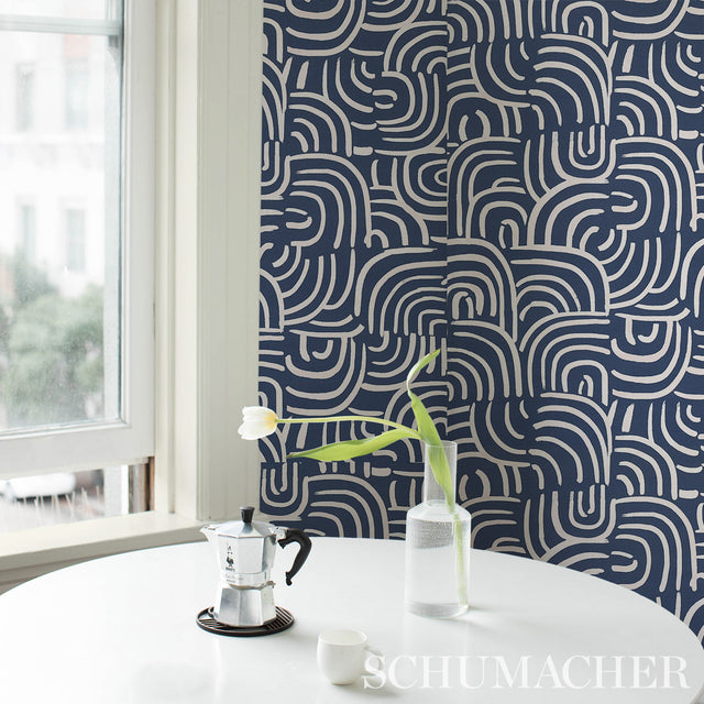 New Beat Dark Blue by Backdrop Painterly Concentric Arches Wallpaper – Schumacher 5013691