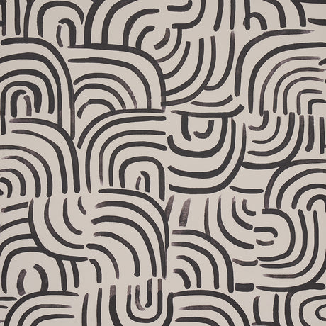 New Beat in Carbon by Backdrop for Schumacher. Painterly concentric arches in black on a light background, modern abstract wallpaper.
