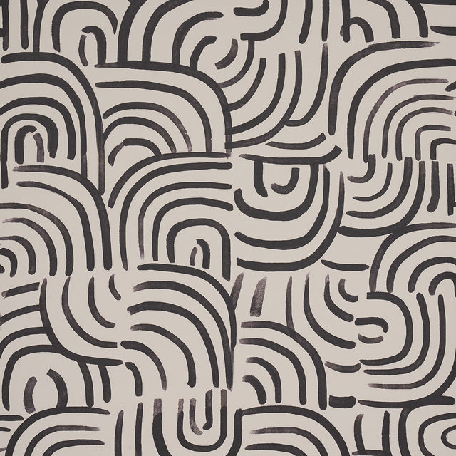 New Beat in Carbon by Backdrop for Schumacher. Painterly concentric arches in black on a light background, modern abstract wallpaper.