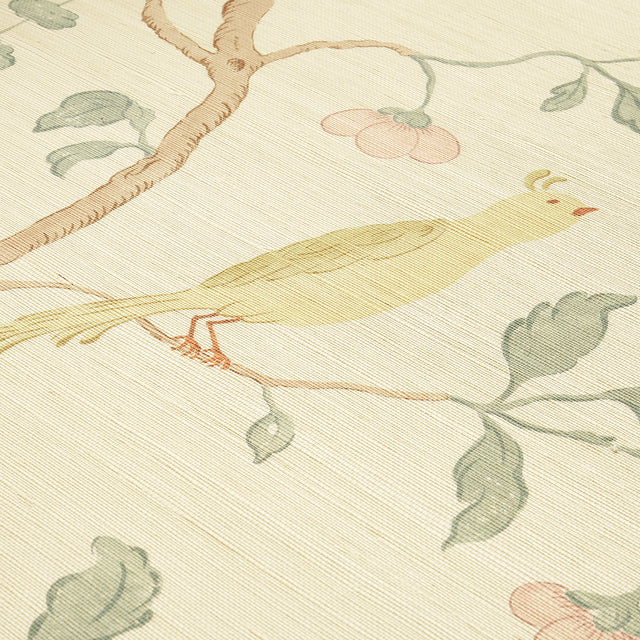 Wisteria Sisal Teal & Soft Pink by Schumacher Hand-Painted Birds & Wisteria Vines Wallpaper – Schumacher 5013700