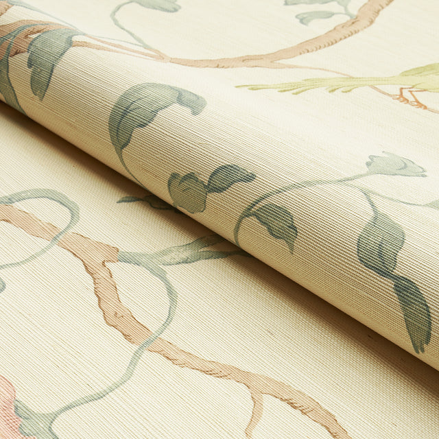 Wisteria Sisal Teal & Soft Pink by Schumacher Hand-Painted Birds & Wisteria Vines Wallpaper – Schumacher 5013700