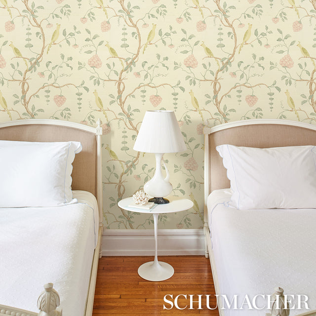 Wisteria Sisal Teal & Soft Pink by Schumacher Hand-Painted Birds & Wisteria Vines Wallpaper – Schumacher 5013700