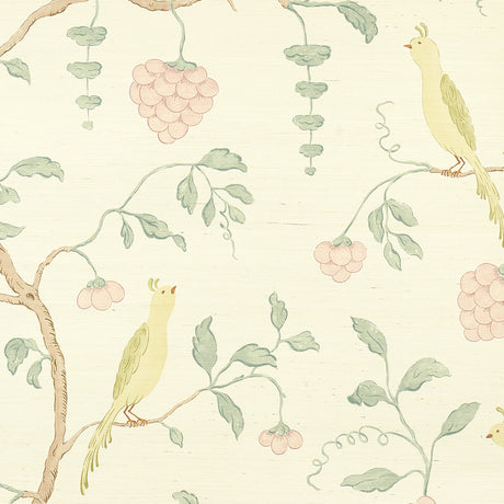 Wisteria Sisal wallpaper in teal and soft pink with hand-painted birds and wisteria vines on textured Haruki Sisal background