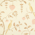 Wisteria Sisal wallpaper in amber and rose, featuring hand-painted birds and wisteria vines on textured sisal background.