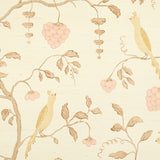 Wisteria Sisal wallpaper in amber and rose, featuring hand-painted birds and wisteria vines on textured sisal background.