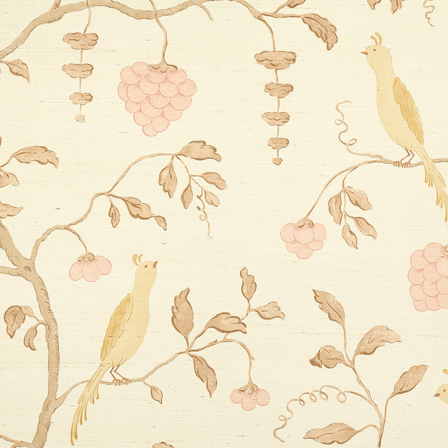 Wisteria Sisal wallpaper in amber and rose, featuring hand-painted birds and wisteria vines on textured sisal background.