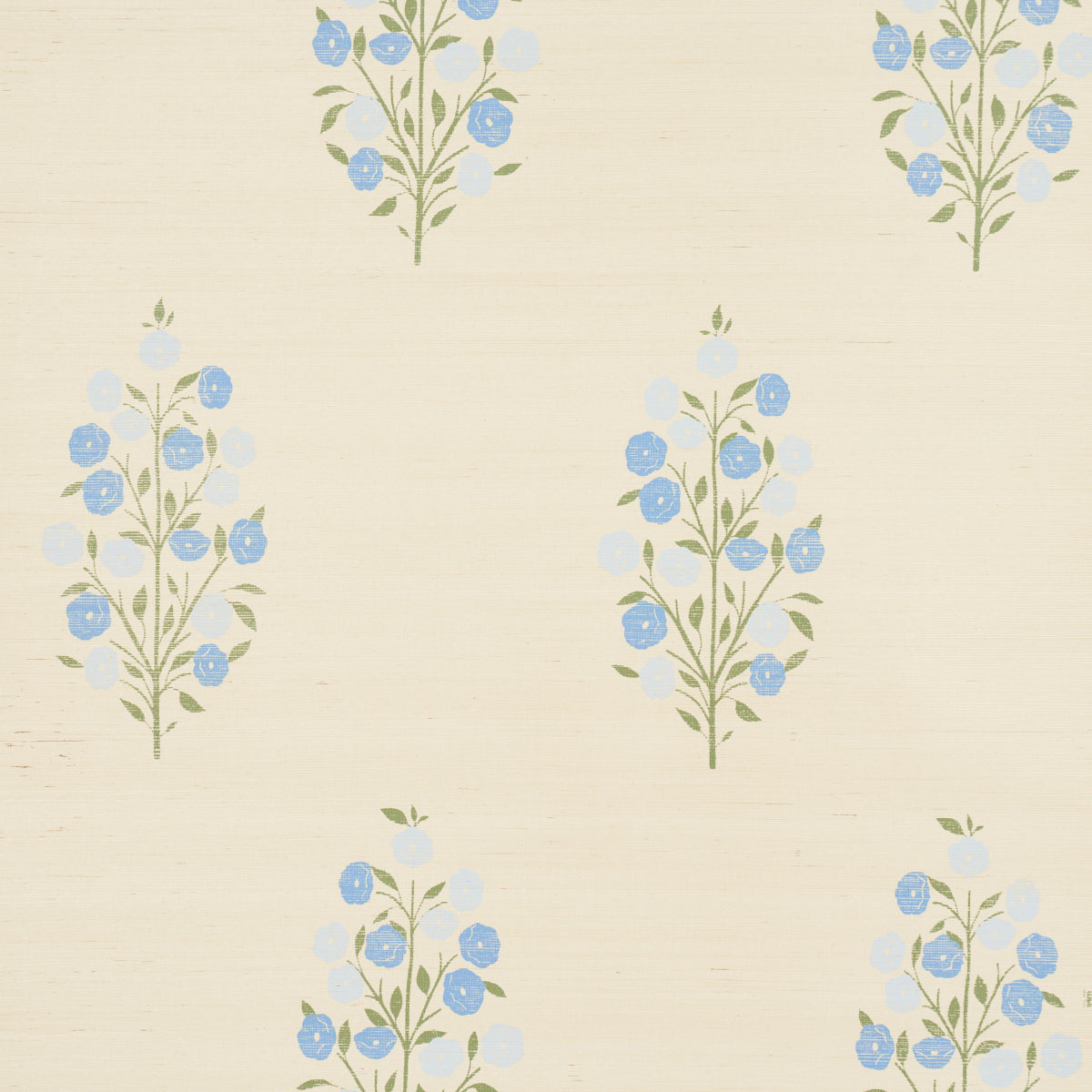 Josepha Sisal blue floral wallpaper with Scandi-inspired bouquets on textured Haruki Sisal, by Schumacher.