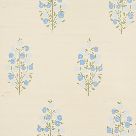 Josepha Sisal blue floral wallpaper with Scandi-inspired bouquets on textured Haruki Sisal, by Schumacher.