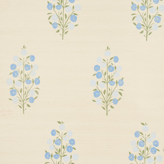 Josepha Sisal blue floral wallpaper with Scandi-inspired bouquets on textured Haruki Sisal, by Schumacher.