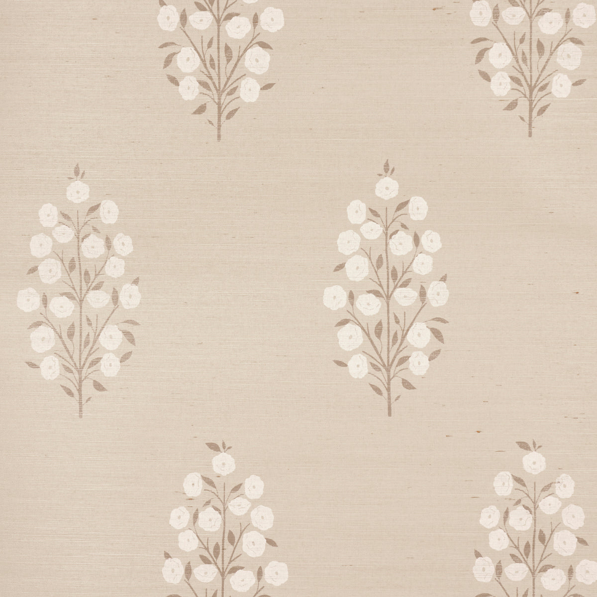Josepha Sisal wallpaper in neutral, featuring a handprinted floral design on textured Haruki Sisal, styled in a bedroom setting.