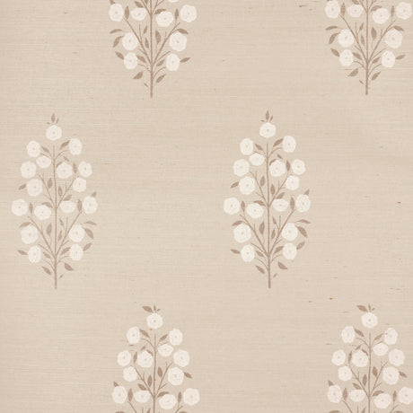 Josepha Sisal wallpaper in neutral, featuring a handprinted floral design on textured Haruki Sisal, styled in a bedroom setting.