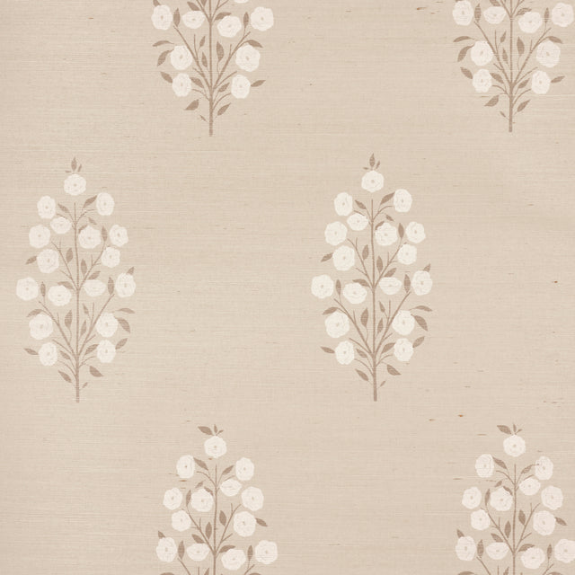 Josepha Sisal wallpaper in neutral, featuring a handprinted floral design on textured Haruki Sisal, styled in a bedroom setting.