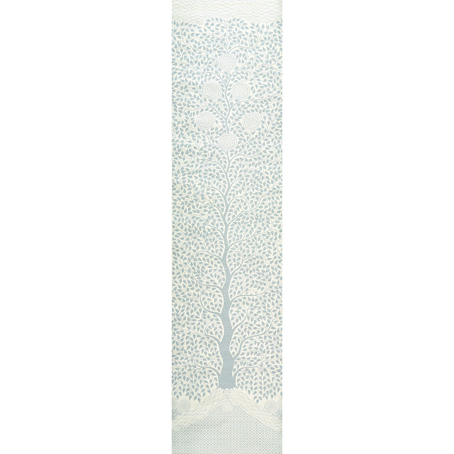 Kayon Sisal Panel in Soft Blue - Schumacher wallpaper panel with graphic floral pattern on textured Haruki Sisal, shown in interior and close-up views.