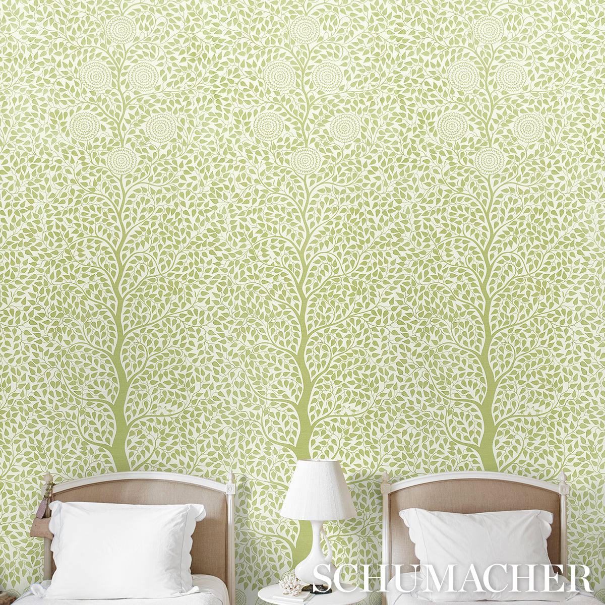 Kayon Sisal Panel Soft Green Floral Grasscloth Wallpaper – Schumacher 5013721