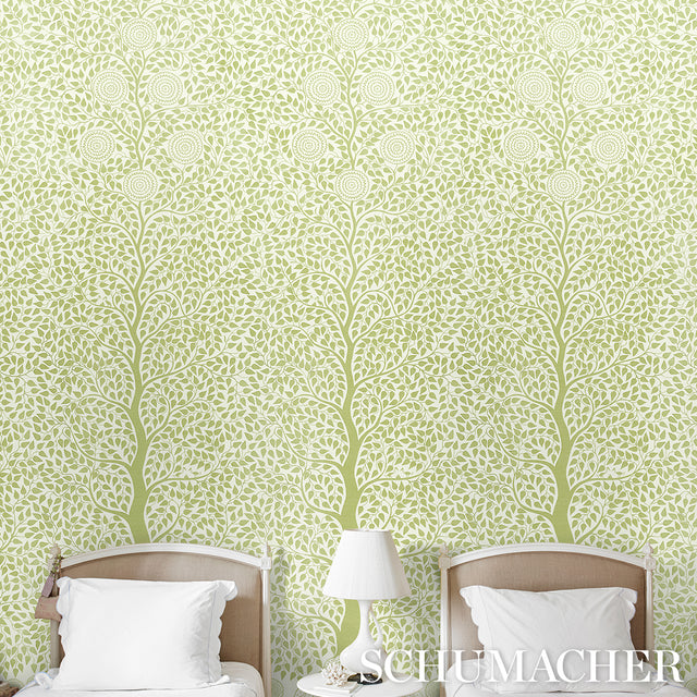 Kayon Sisal Panel Soft Green Floral Grasscloth Wallpaper – Schumacher 5013721