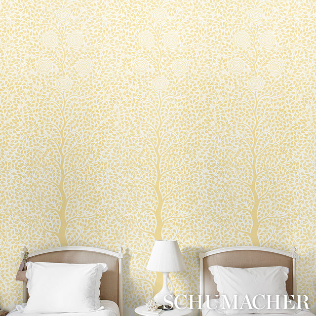 Kayon Sisal Panel Soft Yellow Floral Textured Wallpaper – Schumacher 5013722