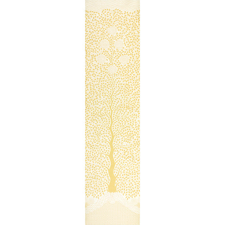 Kayon Sisal Panel in soft yellow, a graphic floral wallpaper panel with stylized flowers and foliage on textured sisal.