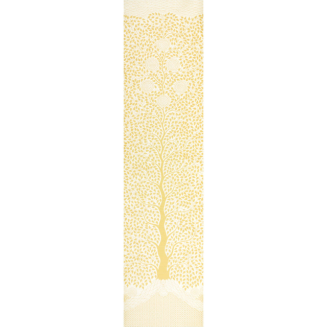 Kayon Sisal Panel in soft yellow, a graphic floral wallpaper panel with stylized flowers and foliage on textured sisal.