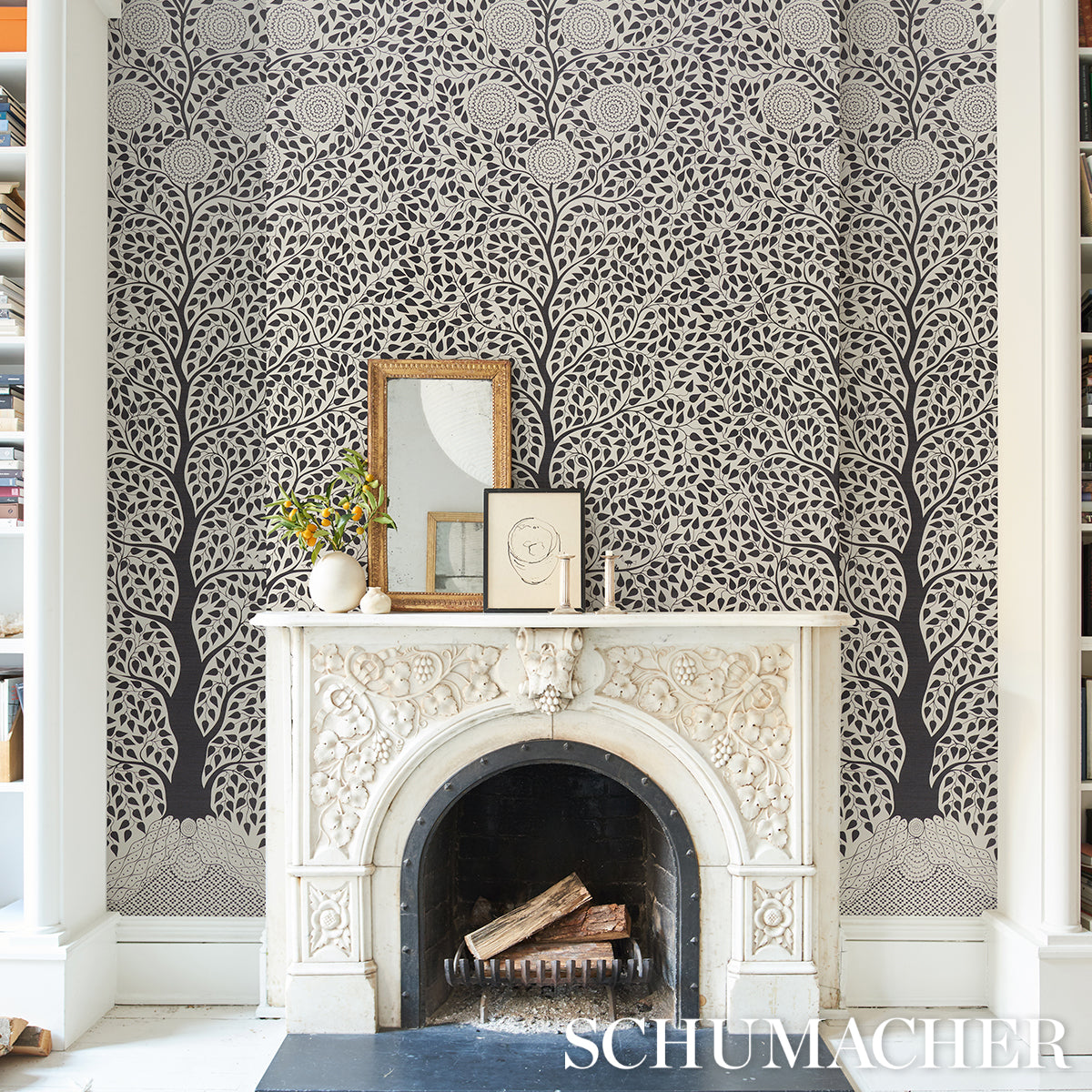 Kayon Sisal Panel Black by Schumacher Graphic Floral Wallpaper Panel – Schumacher 5013723