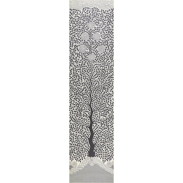 Kayon Sisal Panel in black, a graphic floral wallpaper panel with stylized flowers and dense foliage on textured Haruki Sisal.