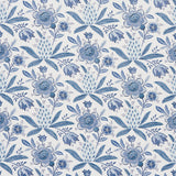 Lafayette Botanical Cornflower wallpaper by Schumacher, featuring a blue floral and pineapple pattern inspired by 18th-century French chintz.