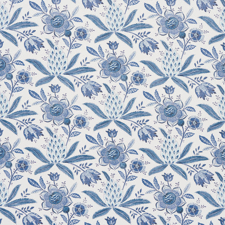Lafayette Botanical Cornflower wallpaper by Schumacher, featuring a blue floral and pineapple pattern inspired by 18th-century French chintz.