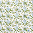 Lafayette Botanical wallpaper in Moss by Schumacher, featuring an exuberant floral and pineapple pattern in green and blue tones.