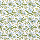 Lafayette Botanical wallpaper in Moss by Schumacher, featuring an exuberant floral and pineapple pattern in green and blue tones.