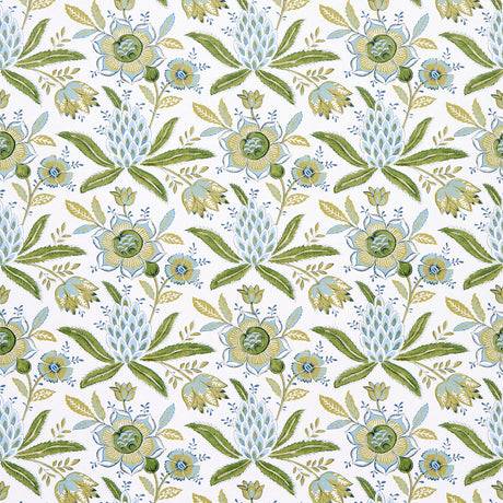 Lafayette Botanical wallpaper in Moss by Schumacher, featuring an exuberant floral and pineapple pattern in green and blue tones.