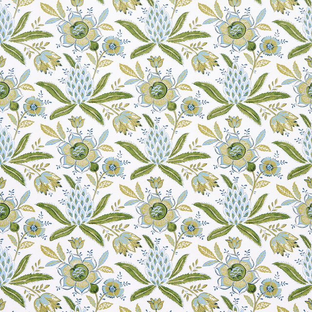 Lafayette Botanical wallpaper in Moss by Schumacher, featuring an exuberant floral and pineapple pattern in green and blue tones.