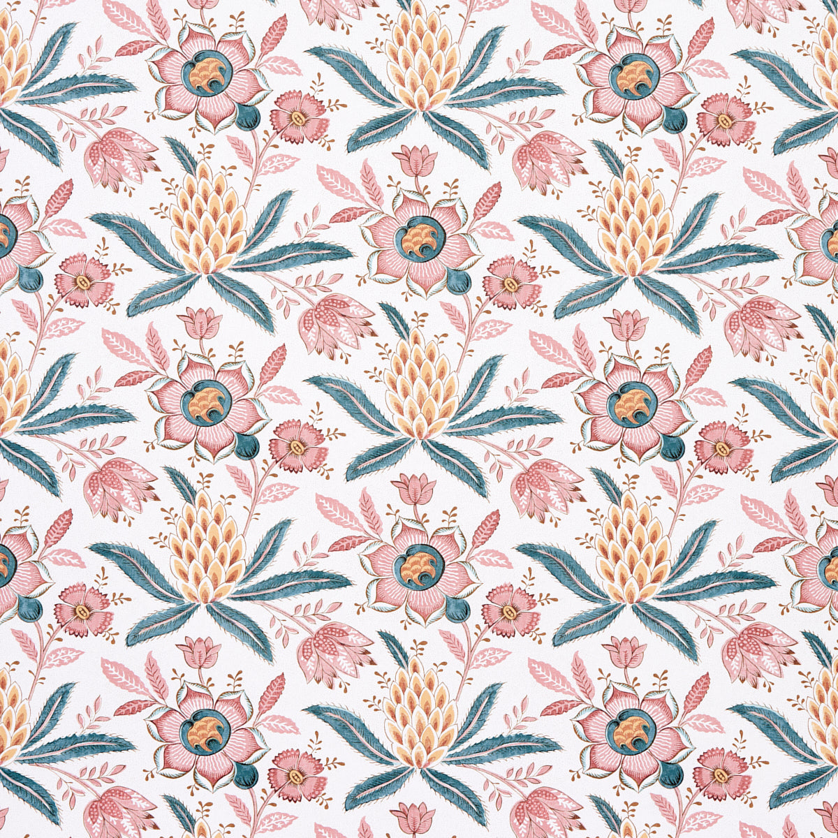 Lafayette Botanical wallpaper in Rosso Antico by Schumacher, featuring an exuberant floral and pineapple pattern inspired by 18th-century French chintz.