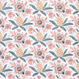 Lafayette Botanical wallpaper in Rosso Antico by Schumacher, featuring an exuberant floral and pineapple pattern inspired by 18th-century French chintz.