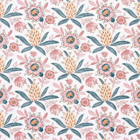 Lafayette Botanical wallpaper in Rosso Antico by Schumacher, featuring an exuberant floral and pineapple pattern inspired by 18th-century French chintz.