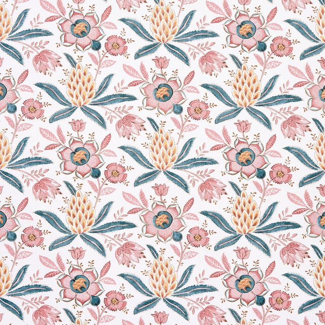 Lafayette Botanical wallpaper in Rosso Antico by Schumacher, featuring an exuberant floral and pineapple pattern inspired by 18th-century French chintz.