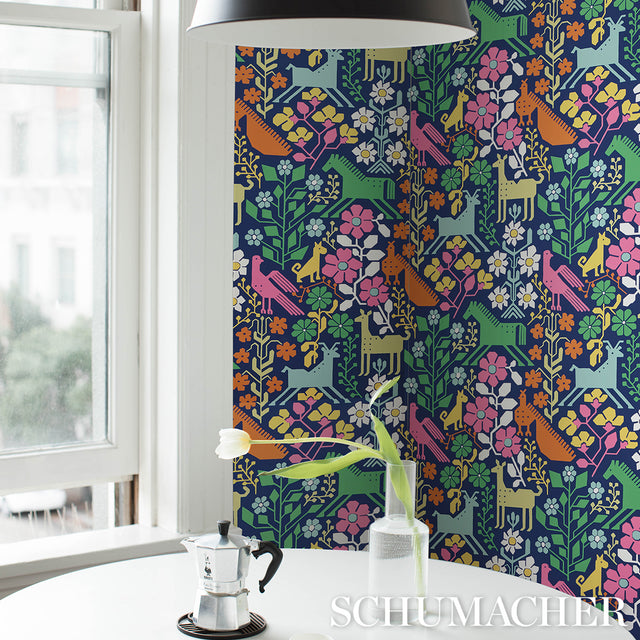 LUPITA Multi on Navy by Schumacher Folk Animal Wallpaper – Schumacher 5013760
