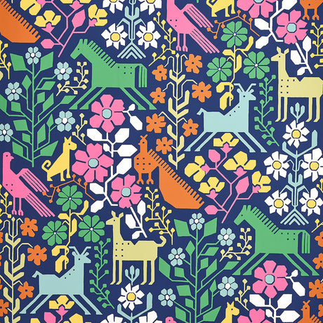 LUPITA wallpaper in Multi on Navy by Schumacher, featuring a vibrant folk-inspired animal and floral pattern.